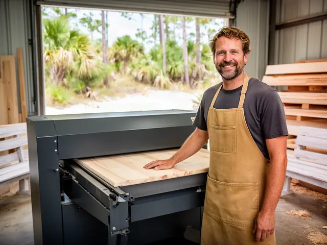A smiling woodworker in a canvas apron with a hand on a new drum sander holding a pine board, palms outside.