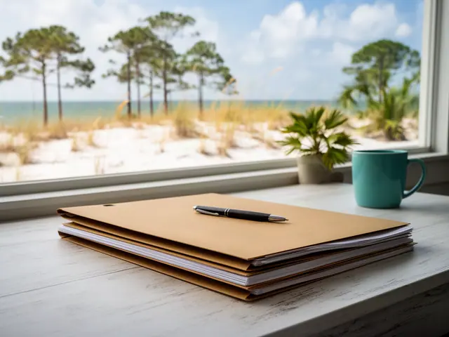 A neat stack of closed manila folders and a pen on a desk by a window.