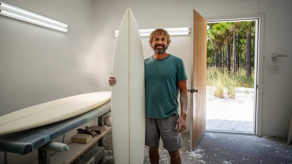 A smiling surfboard shaper holding a freshly shaped white board in his shaping bay, sea oats and pines outside the door.