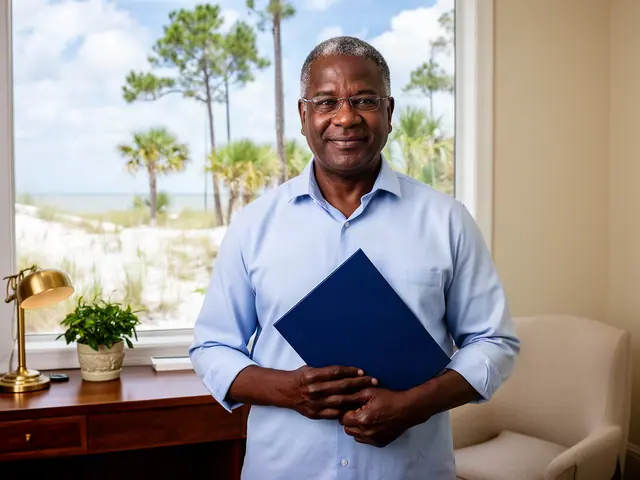 An accountant holding a folder in a bright office.