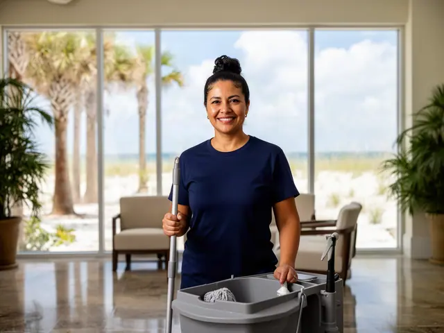 A smiling cleaning-company owner with a janitorial cart in a polished lobby facing the dunes.