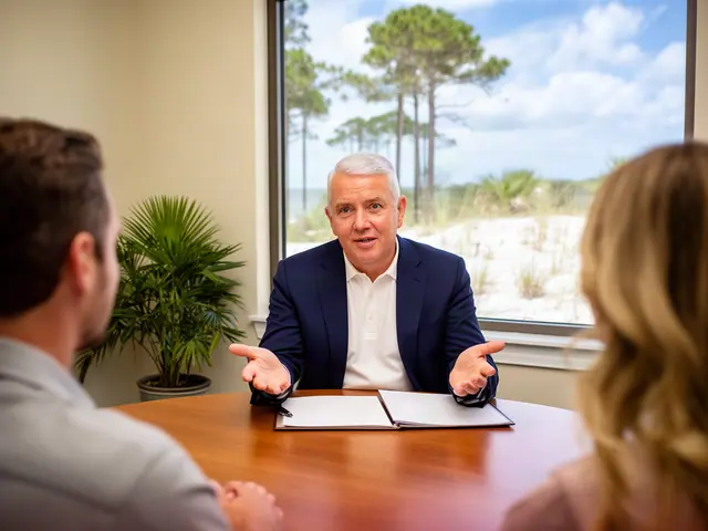 An insurance agent talking with a couple at a round table.