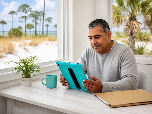 A man with short black hair going gray reviewing a tablet at a desk in a small back office.