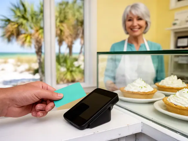 A customer taps a mint card on a counter terminal at a pie shop with key lime pies.