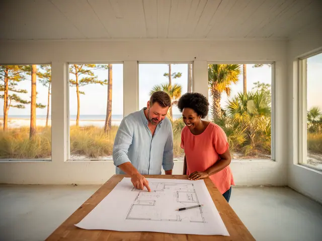 Two business partners looking over a pencil floor sketch in an empty storefront.