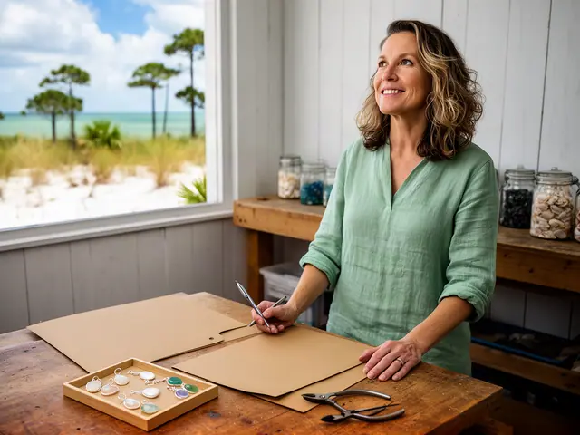 A smiling jewelry maker in a green linen shirt at a worktable with sea-glass pendants and a closed folder.